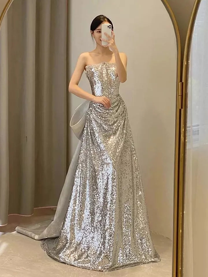 Luolandi Sliver Sequined Strapless A-Line Long Party Dress Birthday Dress Sparkly Evening Dress